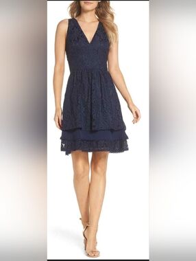 Eliza J Navy Lace V-Neck Tiered Mini Dress